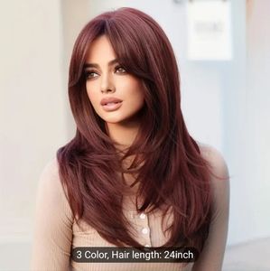 Burgundy Wig With Bangs 24 Inch Long Straight Burgundy Wig Layered